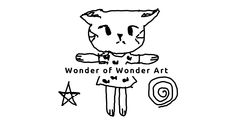 a black and white drawing of a cat with the words wonder art written on it