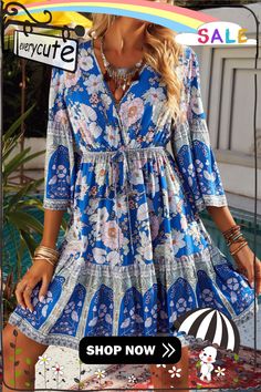 Blue Floral Print 3/4 Sleeve Drawstring High Waist Mini Dress Blue Summer Dress With Half Sleeves, Blue 3/4 Length Spring Dresses, Blue Spring Dress 3/4 Length, Blue Half Sleeve Summer Dress, Spring Blue 3/4 Length Dresses, Blue Beach Dresses With 3/4 Sleeves, Blue 3/4 Length Summer Dress, Light Blue Summer Dress With 3/4 Sleeves, Blue Dresses With 3/4 Sleeves For Vacation