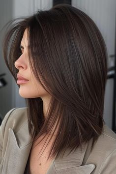 Angled Medium Length Hair, Mid Haircut With Layers, Flat Short Hair Haircuts, Haircut For Flat Head, Hairstyle For Flat Hair, Short Layers Hairstyles, Angled Lob Haircut, Long Bob Hair Styles, Short Hair Long Layers