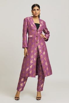 Lilac brocade long blazer jacket embellished with antique buttons. Paired with a straight silk brocade pant.
Components: 2
Neckline: Lapel collar
Sleeve Type: Long
Fabric: Woven Silk Brocade
Color: Purple
Other Details: 
Note: Inner worn by the model is not for sale.
Occasion: Mehendi and Haldi - Aza Fashions Blazer Collar Kurti, Coat Model Kurtis, Brocade Styles For Women, Purple Jacket Outfit, Long Coat For Women, Long Blazer Coat, Long Gown Design, Velvet Dress Designs, Long Coat Women