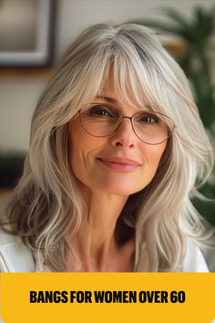 Medium-length hairstyle with wispy bangs for women over 60, offering a charming and stylish look. Hairstyles For Women In Their 60s, Wispy Bangs Round Face Glasses, Bangs Over 50 Medium Hair, Hairstyle Wispy Bangs, Wispy Bangs With Glasses, Whispy Baby Bangs, Bangs For Square Face, Bangs With Glasses, Ways To Style Bangs