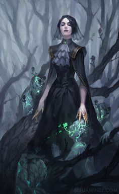 a painting of a woman in a black dress with green lights on her hands and trees behind her