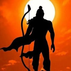 the silhouette of a man holding a bow and arrow in front of an orange sky