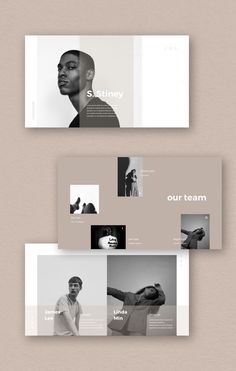 three different layouts for a website with photos and text on the front, back and side