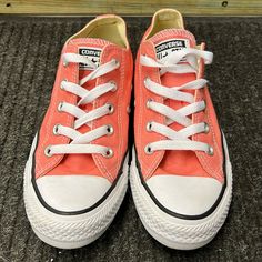 Never Worn Coral Pink Converse, Size 6 Pink Lace-up Sneakers For Summer, Pink Sneakers With Laces For Spring, Pink Lace-up Sneakers For Spring, Pink Converse Sneakers With Laces, Pink Casual Slip-on Sneakers, Casual Peach Round Toe Sneakers, Pink Converse Lace-up Sneakers, Pink Converse Sneakers For Sports, Orange Converse Sneakers For Spring