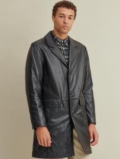 This leather topper offers extreme coverage when the chill is on. Smooth lamb construction is detailed with a button front, classic notch collar and lower flap pockets. Throw this coat on over a suit, trousers and a button down, or jeans and a sweater. All our Wilsons brand jackets are timeless basics with a comfortable fit. Runs true to size.  Shell: Genuine leather Men's Trench Coat, Timeless Basics, Womens Biker Jacket, Leather Cleaner, Trench Coat Men, Suit Trousers, Next Clothes, Notch Collar, Bomber Jackets