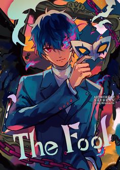 an anime character with blue hair, wearing a suit and holding a mask over his face