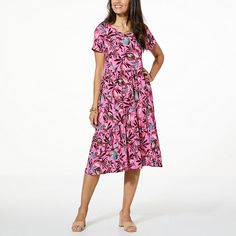 Comfort Code Printed Jersey Knit Tiered-Hem T-Shirt Dress  Feminine and flirty minus the fuss. This simple yet stunning maxi dress has versatility, style, and most of all … comfort. It’s easy to wear and easy to pair with any shoe, jacket, or cardigan. However, the relaxed flowy style and tightly knit jersey fabric make it just perfect all on its own. Asymmetric tiers with shirring make this closet staple easy to dress up or down from running errands to being out on the town. Casual Pink A-line Maxi Dress, Pink A-line Casual Maxi Dress, Dress Feminine, Flowy Style, Pink Pineapple, Printed Jersey, Closet Staples, Feminine Dress, Jersey Fabric