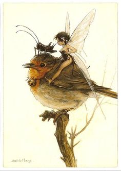 a drawing of a fairy sitting on top of a bird