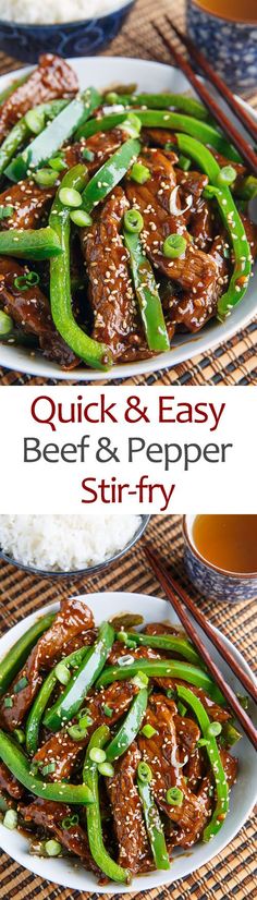 beef and pepper stir fry on a plate with chopsticks next to the dish