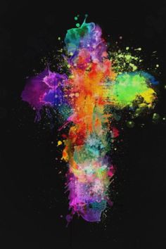 the cross is made up of colorful paint splattered on it's black background