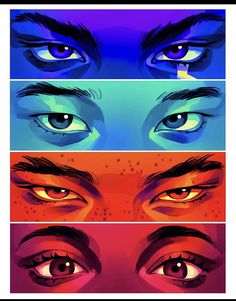 four different colored eyes are shown in this graphic art work, each with their own image