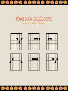 This is a poster with the 5 main guitar chords of Cigarette Daydreams by Cage the Elephant Easy Guitar Songs Chords, Electric Guitar Chords, Easy Guitar Chords, Easy Guitar Songs