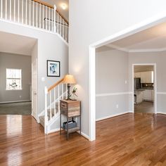 an empty living room with hard wood floors and white trim on the walls is shown