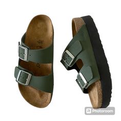 Birkenstock Papillio Arizona Platform Nubuck Leather Thyme Green Size Eu 36/Us 5-5.5 A Platform Sole Takes The Arizona's Iconic Design To New Heightsand Your Style Along With It. A Classic Nubuck Leather Upper Keeps It Grounded In The Much-Loved Original. Featuring A Contoured Footbed That Gives You The Support Of Classic Birkenstocks. Contoured Cork-Latex Footbed Creates Custom Support With Wear Nubuck Leather Upper Suede Footbed Lining Helps Keep You Comfortable Platform Eva Sole Two Adjustable Straps With Metal Pin Buckles Footbed Made In Germany Upper Material: Nubuck Leather Insole: Natural Leather Footbed Material: Cork Outsole: Eva These Have Only Been Worn A Few Times, Light Birkenstock Papillio, Iconic Design, Eva Sole, Birkenstock Shoes, Metal Pins, Nubuck Leather, Natural Leather, Women's Shoes Sandals, Birkenstock