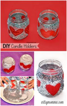 diy valentine's day candle holders made with glitter and heart shaped candlesticks