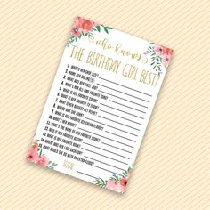 the birthday girl best list with flowers on it