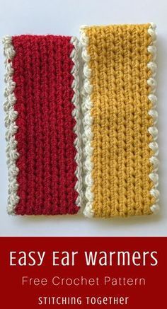 two crocheted squares with the text easy ear warmers free crochet pattern