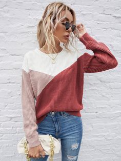 Color Block Drop Shoulder Sweater | EMERY ROSE Drop Shoulder Sweater, Drop Shoulder Sweaters, Autumn Outfits, Trendy Fashion Women, Sweater Sleeves, Winter Clothes, Shoulder Sweater, Green Fashion, Knitwear Women