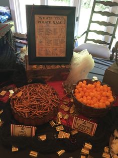 a table topped with lots of candy and candies next to a framed sign that says what's your pirate name