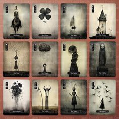 a series of cards with images of people in black and white, each holding an umbrella