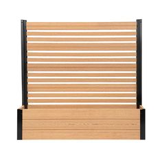 a wooden slatted headboard with black metal frame and wood slats on the sides