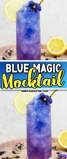 blue magic mojita cocktail with lemons on the side and text overlay