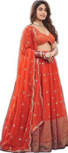 Wedding Lehenga With Motifs In Georgette, Wedding Choli In Georgette With Motifs, Wedding Embroidered Georgette Fabric With Motifs, Orange Embroidered Fabric With Zari Work For Wedding, Wedding Georgette Traditional Wear With Motifs, Wedding Traditional Wear With Motifs In Georgette, Orange Embroidered Saree Fabric For Wedding, Orange Lehenga With Motifs For Wedding, Orange Wedding Lehenga With Motifs