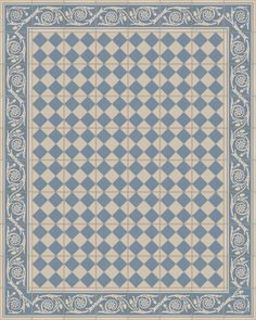 a blue and white rug with an intricate design