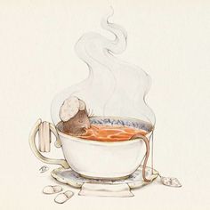 a drawing of a mouse in a cup of soup