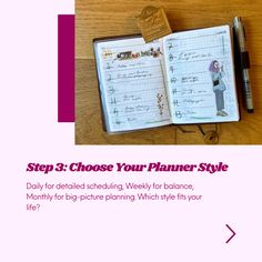 a planner and pen sitting on top of a wooden table