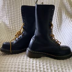 Euc = Worn Only Once As They Are Too Big For Me. Super Cute. Like New. Purchased From Dillard's @ $225.00, But They Are Too Big For Me! Boot Tongue Says Men 5 Or Women 6, But Thinking Dr. Martens Run Big. They Fit Me More Like A 7? Signature Dr. Martens Yellow Stitching And Bouncy Vibram Soles. Not Sure They Are 'Real' Leather; As I Cannot Find That Confirmed Anywhere On The Boots Themselves. 14-Eylet Mid-Calf Boots. The Height Of The Boot Without The Soles Is About 10". Worn Just The One Time = Just Like New With No Marks Or Scuffs; But I Do Not Have The Receipt Or The Box. So Many Compliments That I Hate To Let Them Go/!!! Black High Ankle Lace-up Boots Alternative Style, Black Gothic Lace-up Boots With Round Toe, Black Closed Toe Alternative Boots, Alternative Black Closed Toe Boots, Alternative Style Black Closed Toe Boots, Black Alternative Combat Boots For Fall, Black Alternative Style Lace-up Winter Boots, Alternative Style Black Lace-up Winter Boots, Alternative Style Black Lace-up Boots For Winter