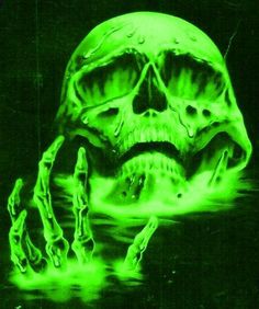 a neon green skull with two hands in the water