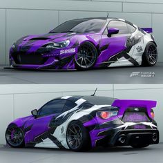 two different views of a purple sports car