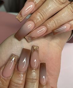 Simple Fall Nails Medium, Brown Nails Acrylic Ombre, Fall Set Acrylic Nails, Pink And Brown Ombre Nails, Chocolate Ombre Nails, Natural Color Nail Designs, Natural Nails Brown, Beige Square Nails, Brown Ombre Acrylic Nails