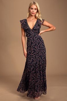 Lulus Exclusive! Let the Lulus Darling Daydream Navy Blue Floral Print Ruffled Maxi Dress sweep you away in a romantic whirl! Beautiful, pink floral print chiffon cascades across a ruffled V-neck sleeveless bodice (with a Boho crocheted trim) and into a flowing maxi skirt with a dramatic drop seam ruffle hem. Hidden back zipper/clasp. Fit: This garment fits true to size. Length: Floor length. Size medium measures 57" from shoulder to hem. Bust: Great for any cup size. Waist: Fitted - very fitted Chifon Dress, Lulus Maxi Dress, Navy Blue Maxi Dress, Blue Dress Formal, Lulus Dresses, Floral Print Chiffon, Blue Cocktail Dress, Satin Maxi Dress, Halter Maxi Dresses