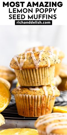 lemon poppy seed muffins stacked on top of each other with the title overlay