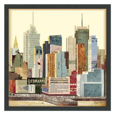 a cityscape with tall buildings and skyscrapers painted on it's sides