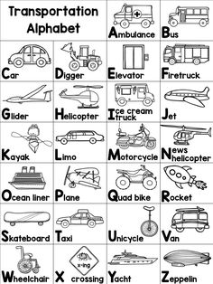 the transportation alphabet is shown in black and white