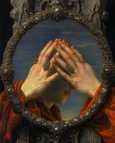 a painting of a woman holding her hands to her face in front of a mirror