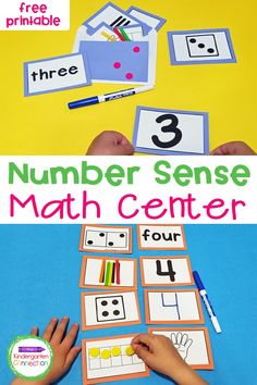 the number sense math center with hands on it and four different cards to help students learn numbers