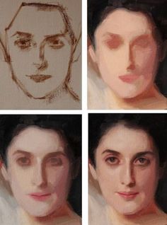 four different pictures of the same person's face and head, with one being drawn