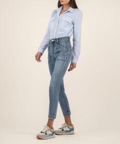 Utility pockets add a trendy update to slim-cut, mid-rise straight-leg jeans made from soft, lightweight stretch denim. Fabric: 69% Cotton, 24% Repreve Polyester, 6% Rayon, 1% Spandexd Size & Fit: Inseam: 27", Leg Opening: 13 1/4", Rise: 10 1/4 Color: ELECTRIC W/MED BASE WASH Chic Dark Wash Cropped Jeans With Five Pockets, Spring Light Wash Jeans For Elevated Casual Occasions, Mid-rise Jeans For Elevated Casual Spring Wear, Mid-rise Cropped Jeans For Spring, Spring Mid-rise Jeans For Elevated Casual Occasions, Spring Elevated Casual Mid-rise Jeans, Versatile Medium Wash Jeans With Pockets, Mid-rise Denim Jeans For Elevated Casual, Spring Straight Leg Cropped Jeans With Pockets