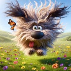 a dog running through the grass with a butterfly on its nose and tongue hanging out