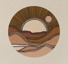 the sun shines brightly over mountains and hills in this circular artwork print on paper