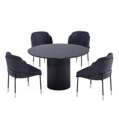 a round table with four chairs around it and one chair in front of the table