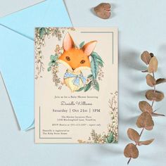 a card with an image of a fox wearing a bow tie and surrounded by leaves