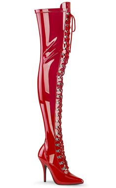 SEDUCE-3024 Red Patent Thigh High Boots-Pleaser-Tragic Beautiful Emo Boots, Stretch Thigh High Boots, Vegan Heels, Pleaser Heels, Thigh High Heels, Demonia Shoes, Pleaser Shoes, Thigh Boot, Red Lace