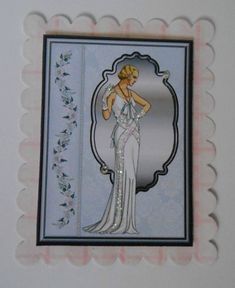 a card with an image of a woman in a dress