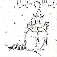 a drawing of a cat with a hat on its head and stars hanging from the ceiling